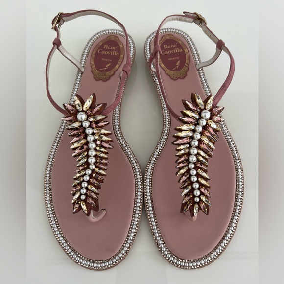 RENE CAOVILLA BLUSH CRYSTAL PEARL EMBELLISHED SANDALS SIZE IT 38.5 / US 8.5 NEW! - Picture 8 of 17